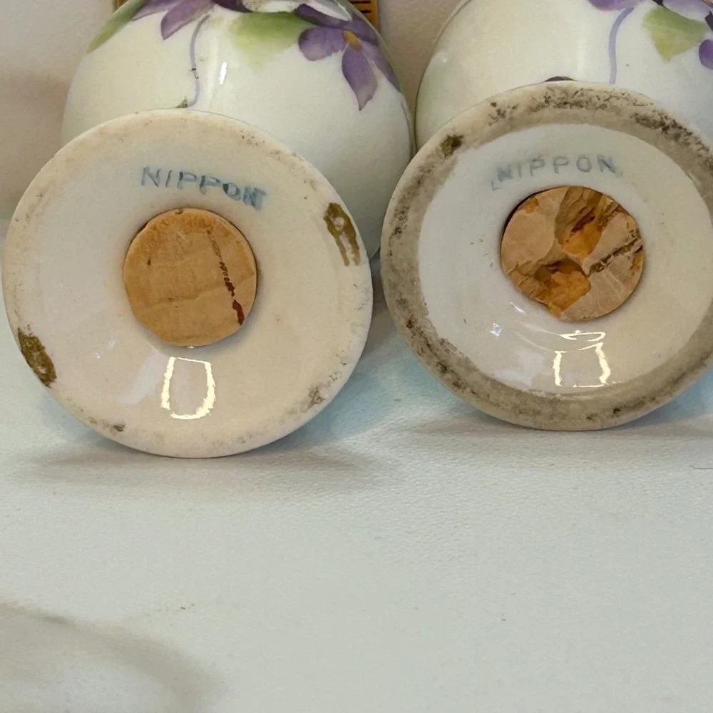 Vintage Nippon Hand Painted Porcelain Salt and Pepper Shakers Violets Gold